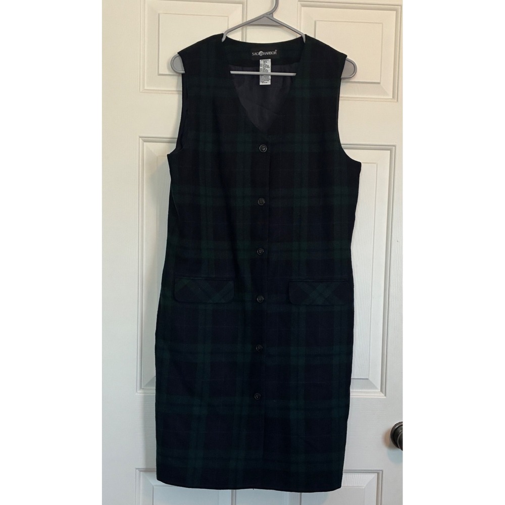 Vintage Green Tartan Plaid Jumper Dress Womens Size 10 Navy Wool Blend Coquette
